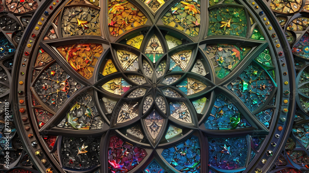 Geometric rainbow mosaics form a harmonious, kaleidoscopic circle. Geometric rainbow mosaics form a harmonious, kaleidoscopic circle.