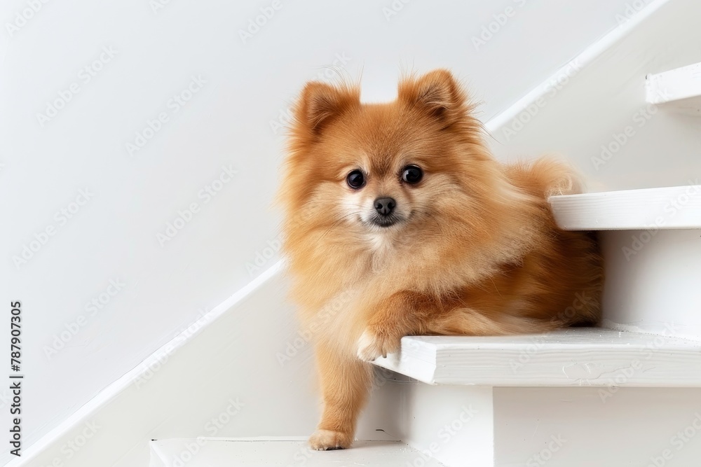Pomeranian puppy on stairs with white background Pomeranian puppy on stairs with white background