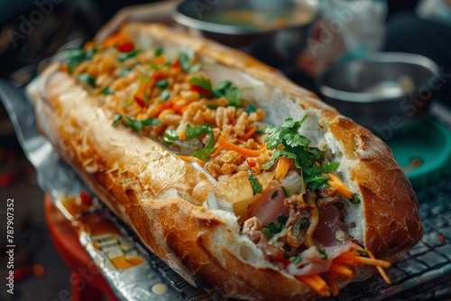 Popular Vietnamese street food banh mi thit is made with bread filled with pork ham pate egg and fresh herbs