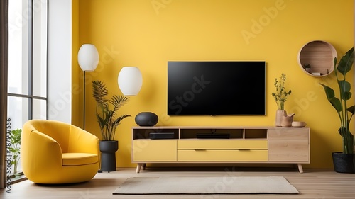 LED TV in living room with yellow wall background, seat, and cabinet