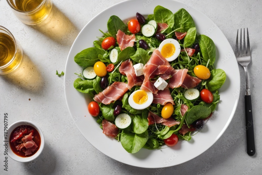 Tasty fresh salad with vegetables and prosciutto on white plate on background with copy space Tasty fresh salad with vegetables and prosciutto on white plate on background with copy space