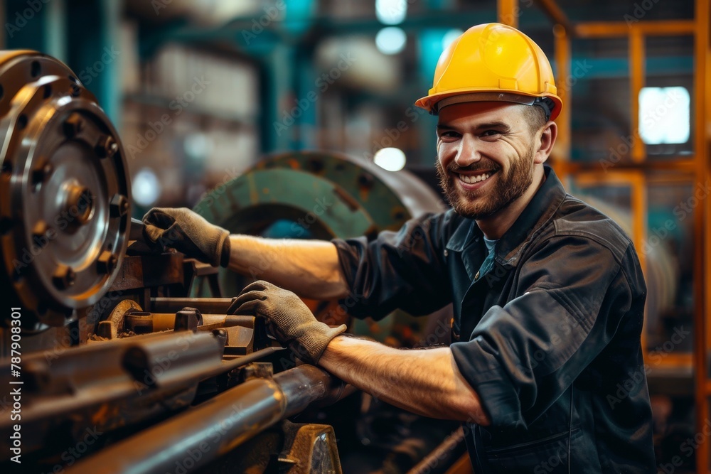 Craft work A cheerful employee, wearing a hard hat, is diligently operating machinery with a smile, showcasing dedication to work for business and workshop Craft work A cheerful employee, wearing a hard hat, is diligently operating machinery with a smile, showcasing dedication to work for business and workshop