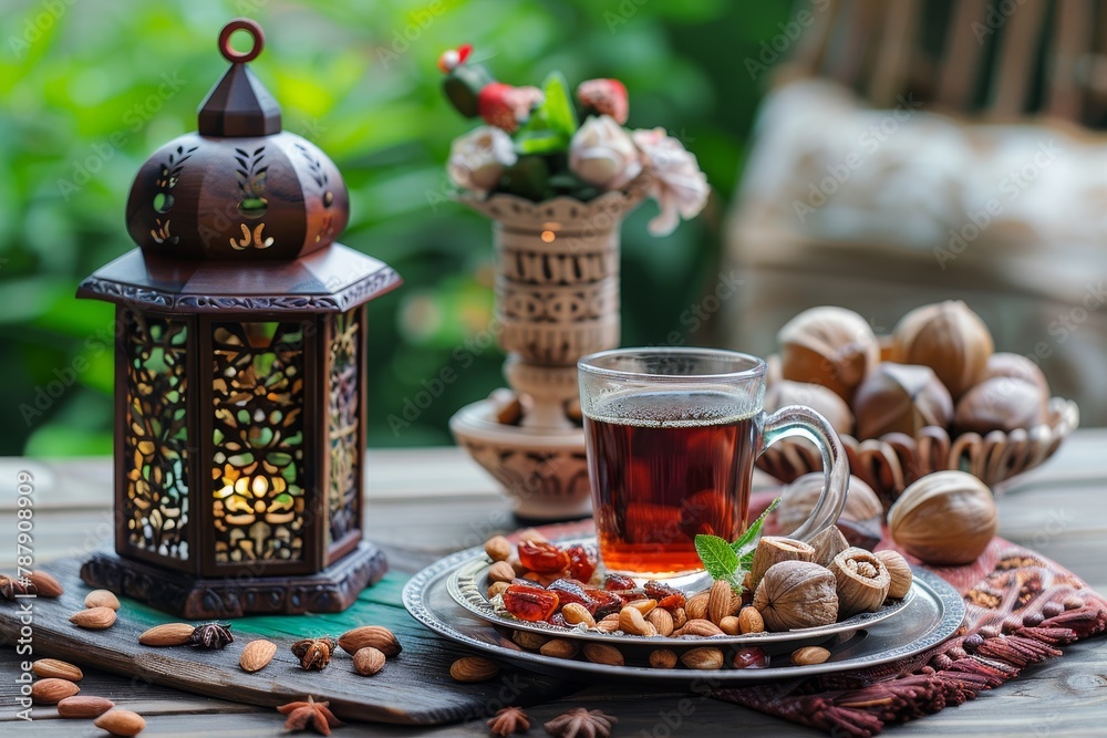 Ramadan celebration table with dates nuts lantern mosque tea