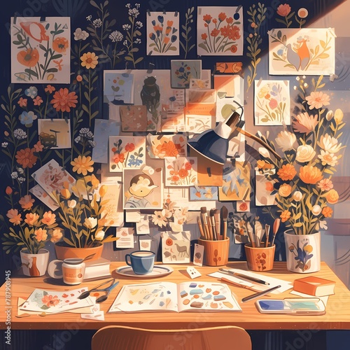A Creative Haven - A Vibrant Illustration of an Artist's Dreamy Workspace