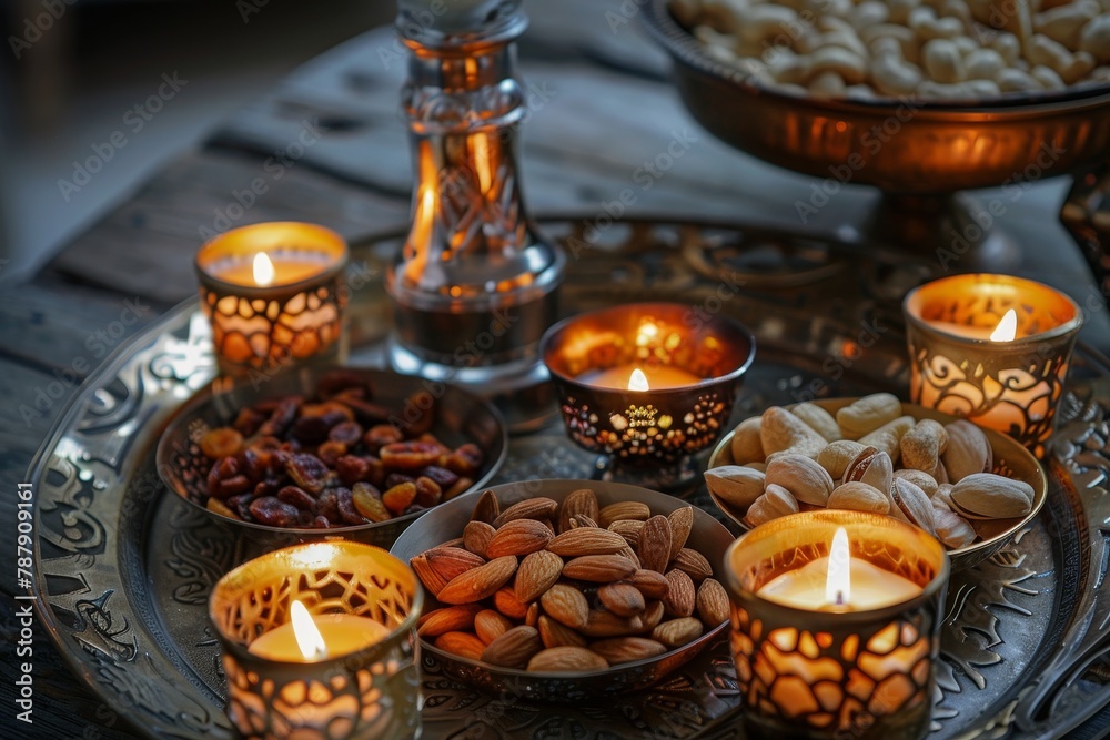 Ramadan celebration with trays of nuts dried fruits lanterns and candles