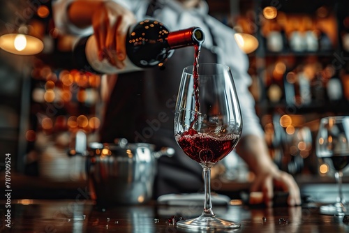 Close-Up of Professional Waiter Pouring Red Wine into a Crystal Glass at an Upscale Restaurant
