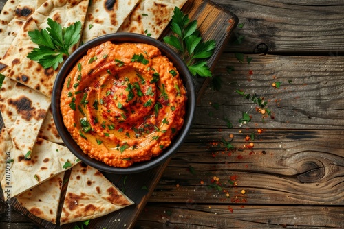 Red pepper hummus with pita bread on wooden surface top view photo