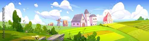 Countryside farm field and house vector background. Rural village scene with green farmland, summer grass hill and beautiful valley scenery. Plantation, windmill, bush and country exterior design © klyaksun