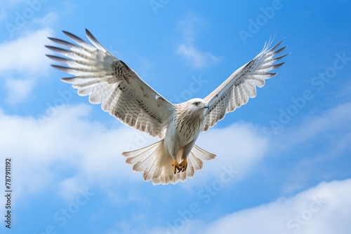 Flying common buzzard (Buteo buteo) against blue sky