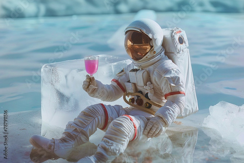 AI generated image, Concept photo of an astronaut sitting on iceberg holding a glass of refreshing drink, relaxing