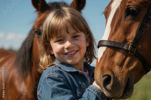 A smiling young girl is hugging a horse