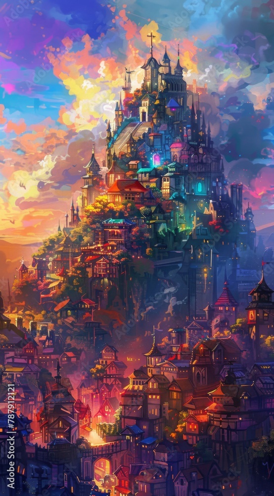 A fantasy cityscape with towering castles, colorful buildings, and lush greenery under the bright sky