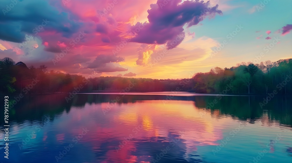  A serene lake reflecting the vibrant colors of the spring sky. . 
