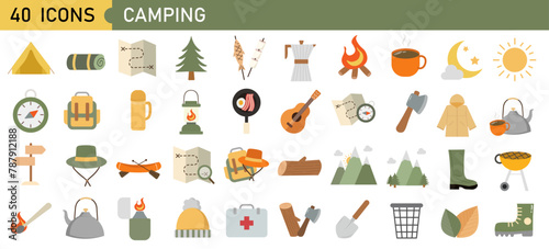 Vector set of camping equipment symbols, icons and elements. Summer hiking collection