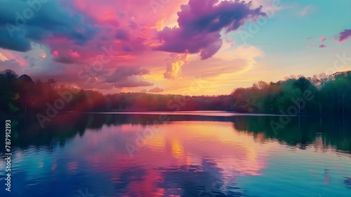  A serene lake reflecting the vibrant colors of the spring sky. . 