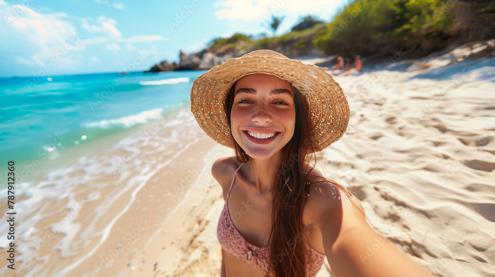 A smiling woman wearing a straw hat taking a selfie on a beach