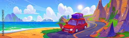 Summer car trip for sea beach vacation travel road. Family drive on ocean holiday with luggage. Coastal ride with mountain view. Go in Europe paradise roadtrip on red vehicle for weekend scenery