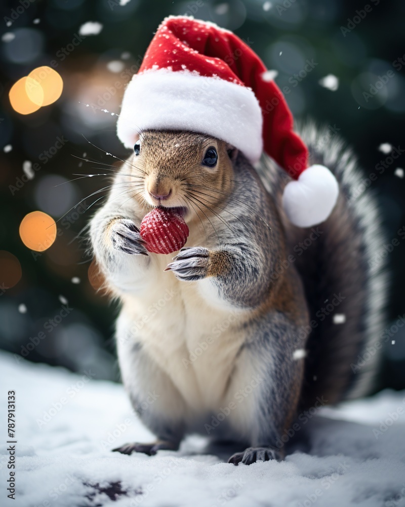 Cute squirrel in red santa hat eating on snowy forest background