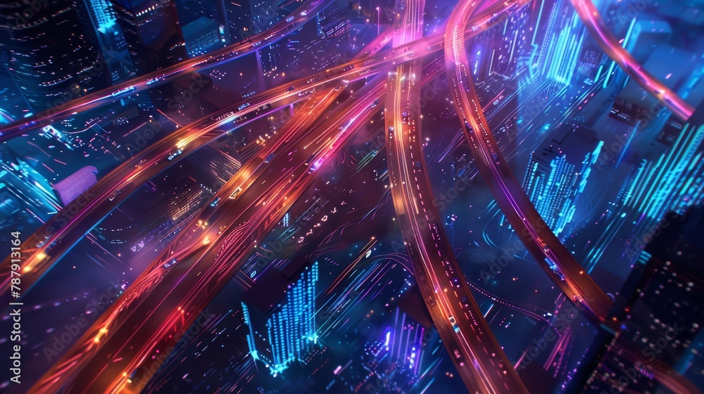 An aerial view of a city's arterial roads at night, illuminated by the vibrant streaks of vehicle lights in motion An aerial view of a city's arterial roads at night, illuminated by the vibrant streaks of vehicle lights in motion