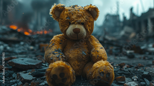 children's teddy bear toy over a burned city, destruction of the consequences of a military conflict.generative ai