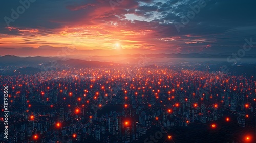 A city with red lights at night photo