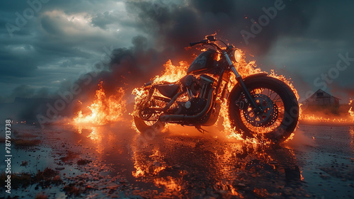 Vintage motorcycle engulfed in flames, against asphalt with sunset glow and mossy stones.generative ai © Chanya2498