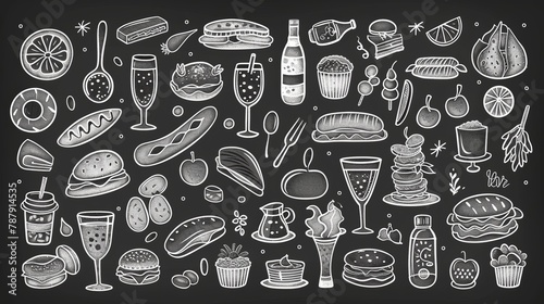 An extensive collection of white doodle illustrations of various foods and drinks on a chalkboard background, ideal for menus or food-related graphics