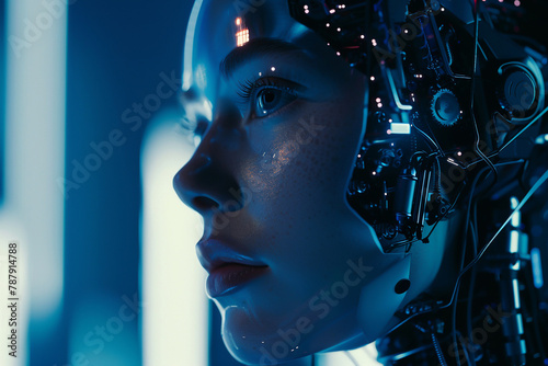 Cinematic portrait of an AI as a film character, futuristic design, soft focus background, dramatic shadows , clean sharp focus