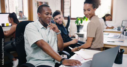 Designers, group and diversity with laptop, discussion and collaboration for small business startup. Team, planning and brainstorming with teamwork, conversation or coworking for online design agency