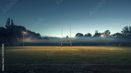 Empty rugby pitch, evening glow, anticipation in the stillness , no grunge, splash, dust photo