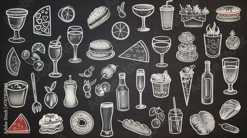 An extensive collection of white doodle illustrations of various foods and drinks on a chalkboard background, ideal for menus or food-related graphics