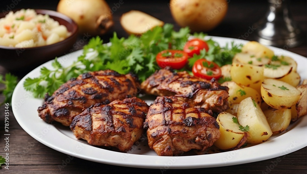Grilled chicken or beef kebab with a side dish of potatoes