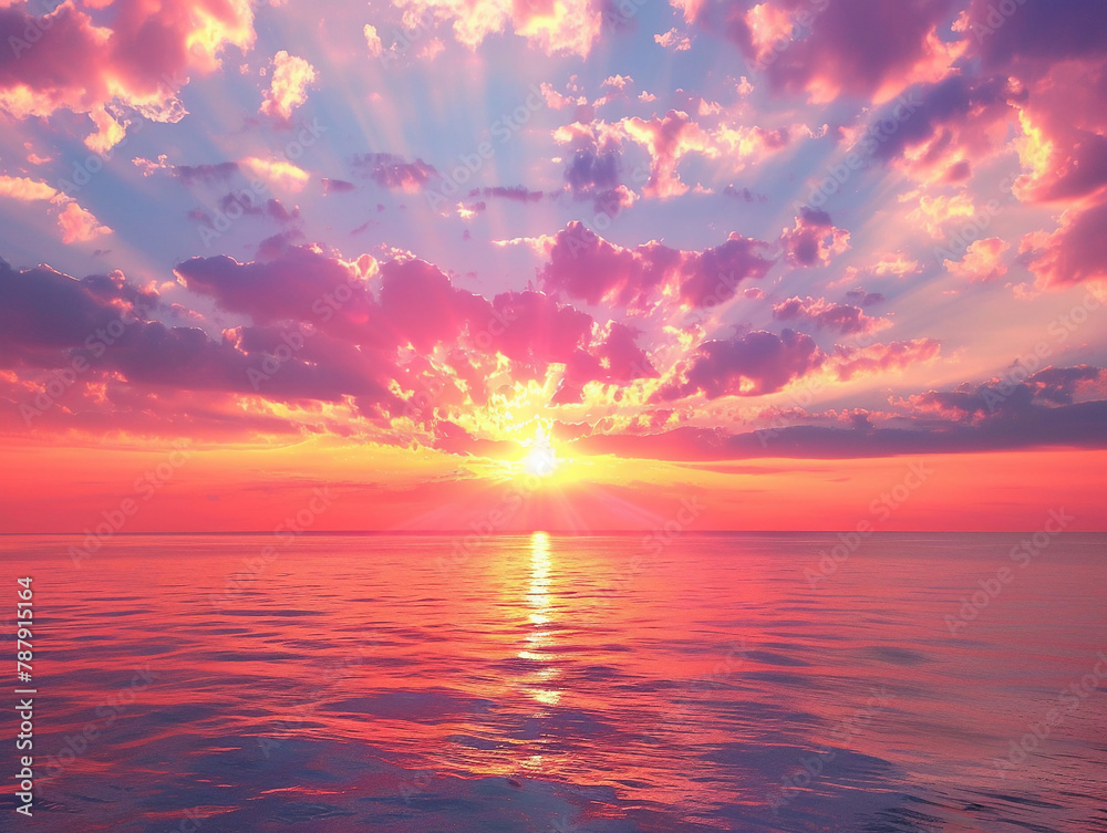 Sunburst through pinkhued clouds, vibrant ocean reflection, dusk serenity , clean sharp focus