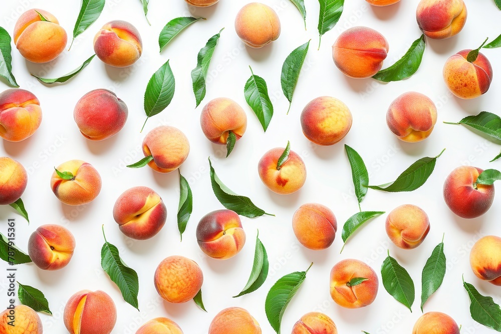 Ripe peaches isolated on white background with copy space Top view Flat lay pattern Ripe peaches isolated on white background with copy space Top view Flat lay pattern