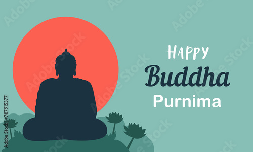 Happy Buddha Purnima Minimal Poster Vesak Lord Buddha in Meditation at Beautiful Moon Light Coming from Back- Vector