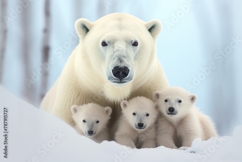 Polar bear with baby cubs on snow in winter.