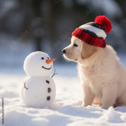 Labrador retriever puppy in red hat sniffing snowman, winter time.
