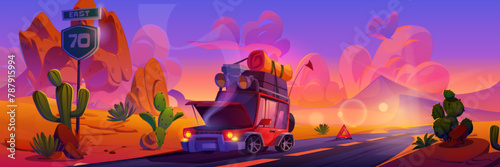 Broken down car with luggage on roof and smoke coming from under open hood standing on road in desert with cactus and rock hills on sunset or sunrise. Cartoon evening landscape with vehicle breakdown. © klyaksun