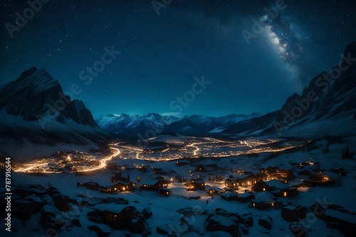 Endless mountain ranges  their panoramic beauty unfolding under a starry night.