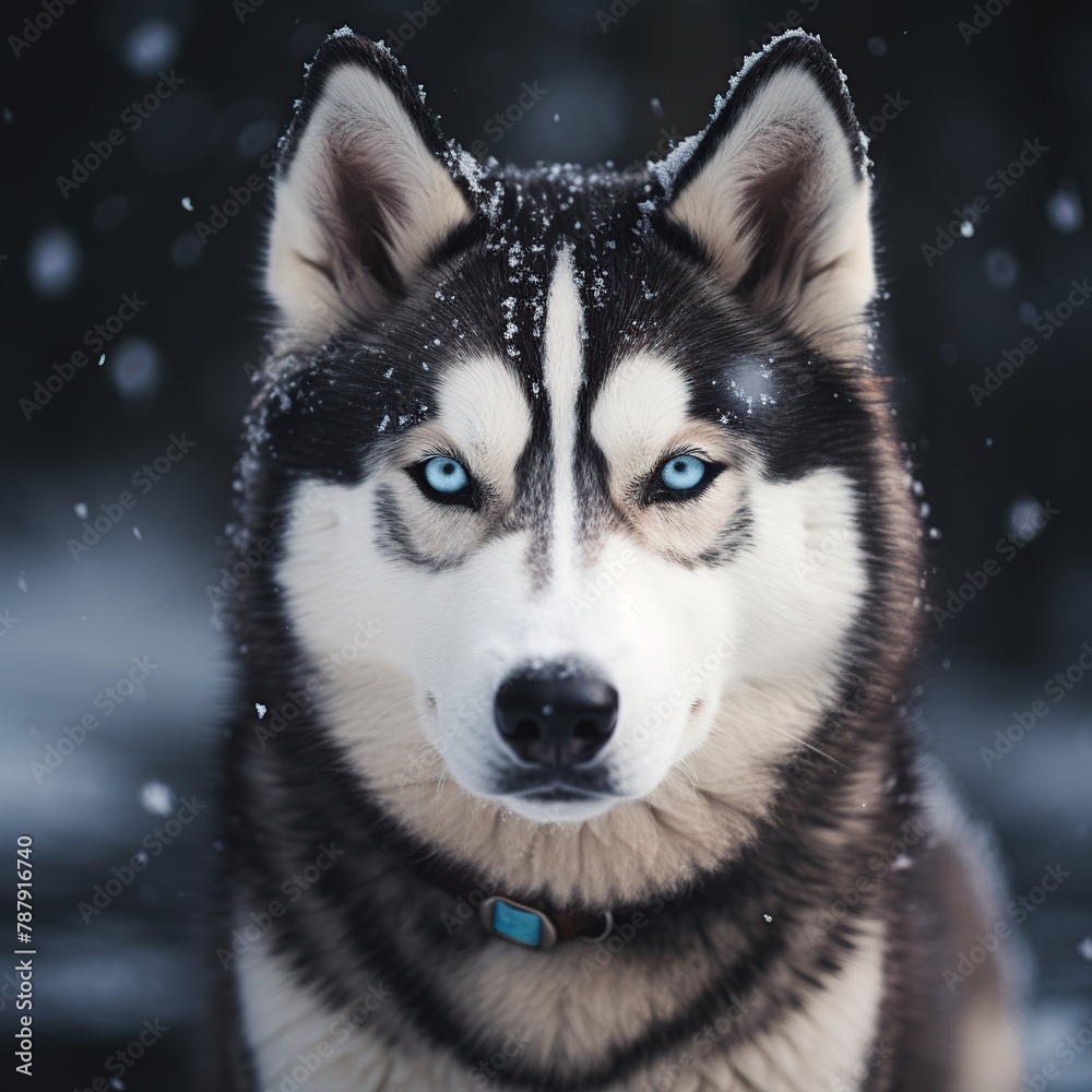 Siberian Husky with blue eyes on a winter background.