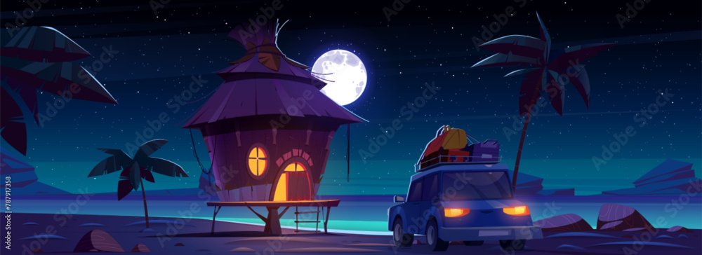 Car travel to beach house for vacation at night. Palm tree and hut on tropical island panorama scene. Holiday journey to ocean in evening. Starry sky and full moon light environment at midnight - obrazy, fototapety, plakaty 
