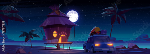 Car travel to beach house for vacation at night. Palm tree and hut on tropical island panorama scene. Holiday journey to ocean in evening. Starry sky and full moon light environment at midnight