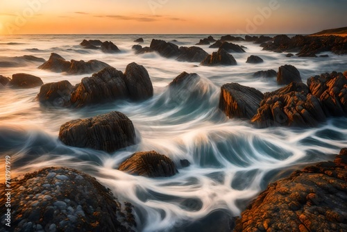 A coastal panorama at dawn, where waves kiss the shore in the soft light of a summer morning.
