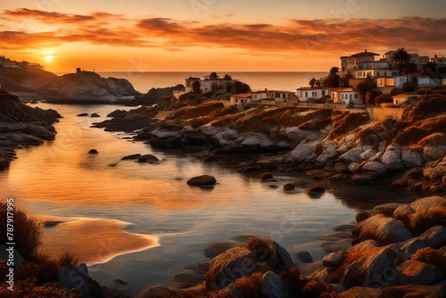 A coastal panorama at dusk, where the last rays of summer sun paint the sky in warm hues.