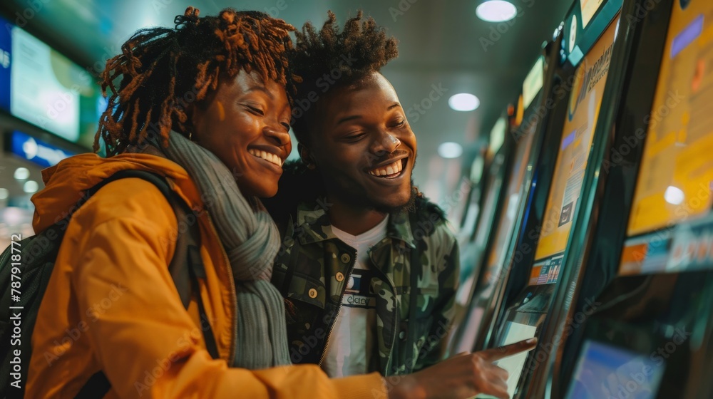 Φωτογραφία Young couple checking in at an airport kiosk, excited about their overseas journ
