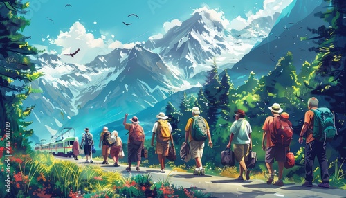 Elderly Travel, Illustrate seniors embarking on travel adventures, whether it's exploring new destinations, enjoying nature outings, or participating in group tours
