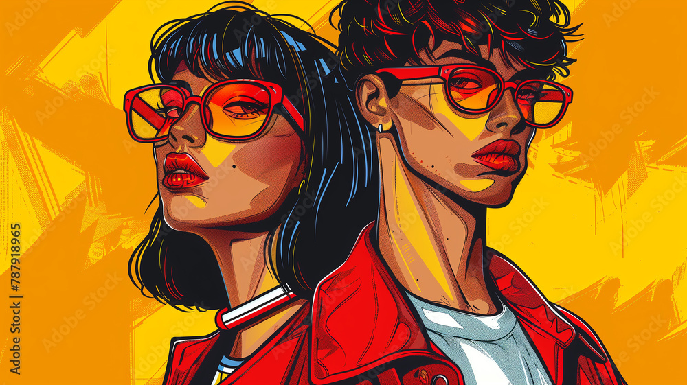 Stylized duo with red sunglasses.