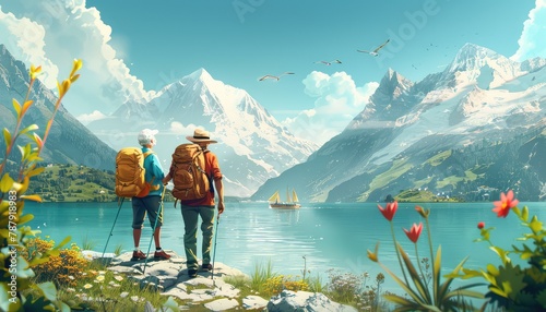 Elderly Travel, Illustrate seniors embarking on travel adventures, whether it's exploring new destinations, enjoying nature outings, or participating in group tours