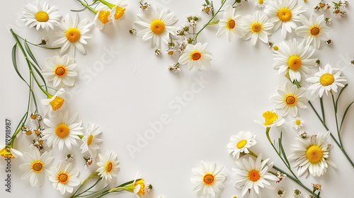 A whimsical display of daisies and daffodils arranged in a empty insideheart-shaped frame, radiating warmth and positivity against the backdrop of a clean white space © Iqra