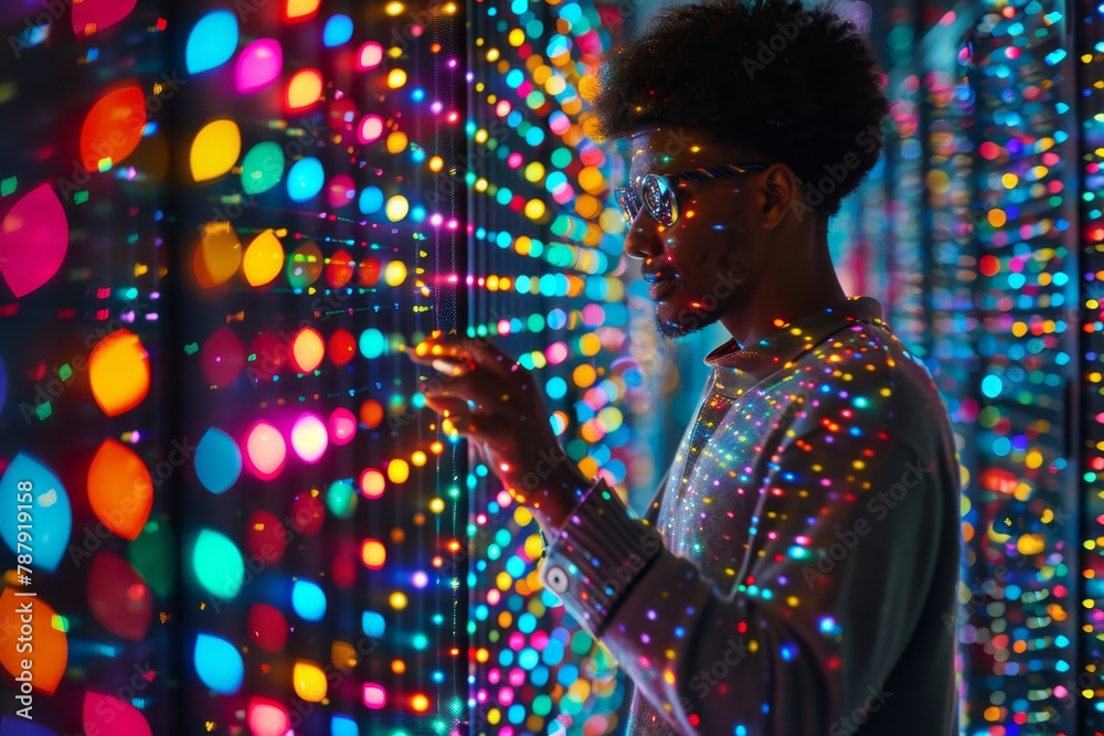 A man wearing glasses stands in front of a colorful wall of lights. A man wearing glasses stands in front of a colorful wall of lights.